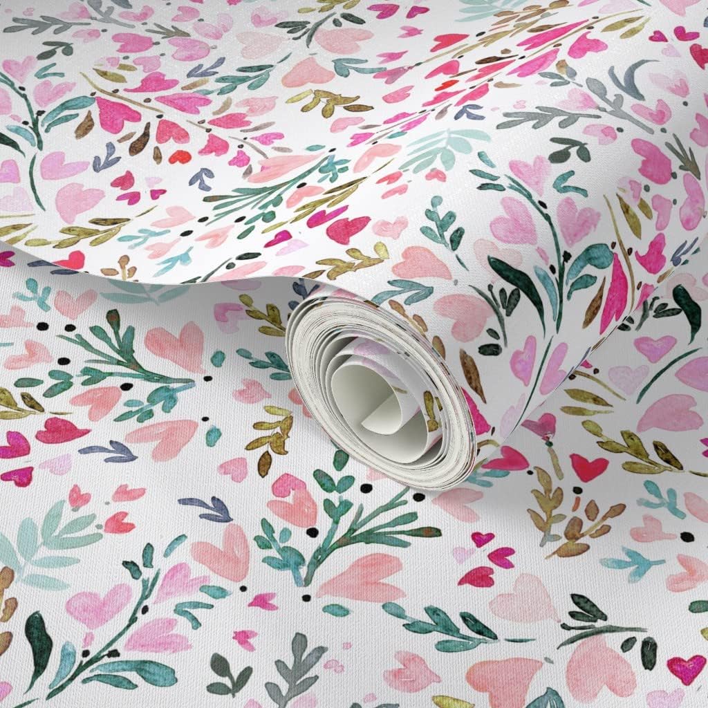 Peel & Stick Wallpaper 3ft x 2ft - Heart Floral White Flower Hearts Sweet Valentines Day Baby Girl Decor Love Custom Removable Wallpaper by Spoonflower