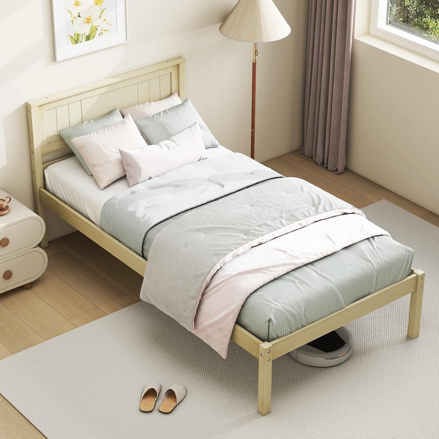 KOMFOTT Twin Size Wood Platform Bed Frame with Headboard, Solid Wood Bed Frame with Slat Support, Under Bed Storage, 16-Inch Mattress Foundation