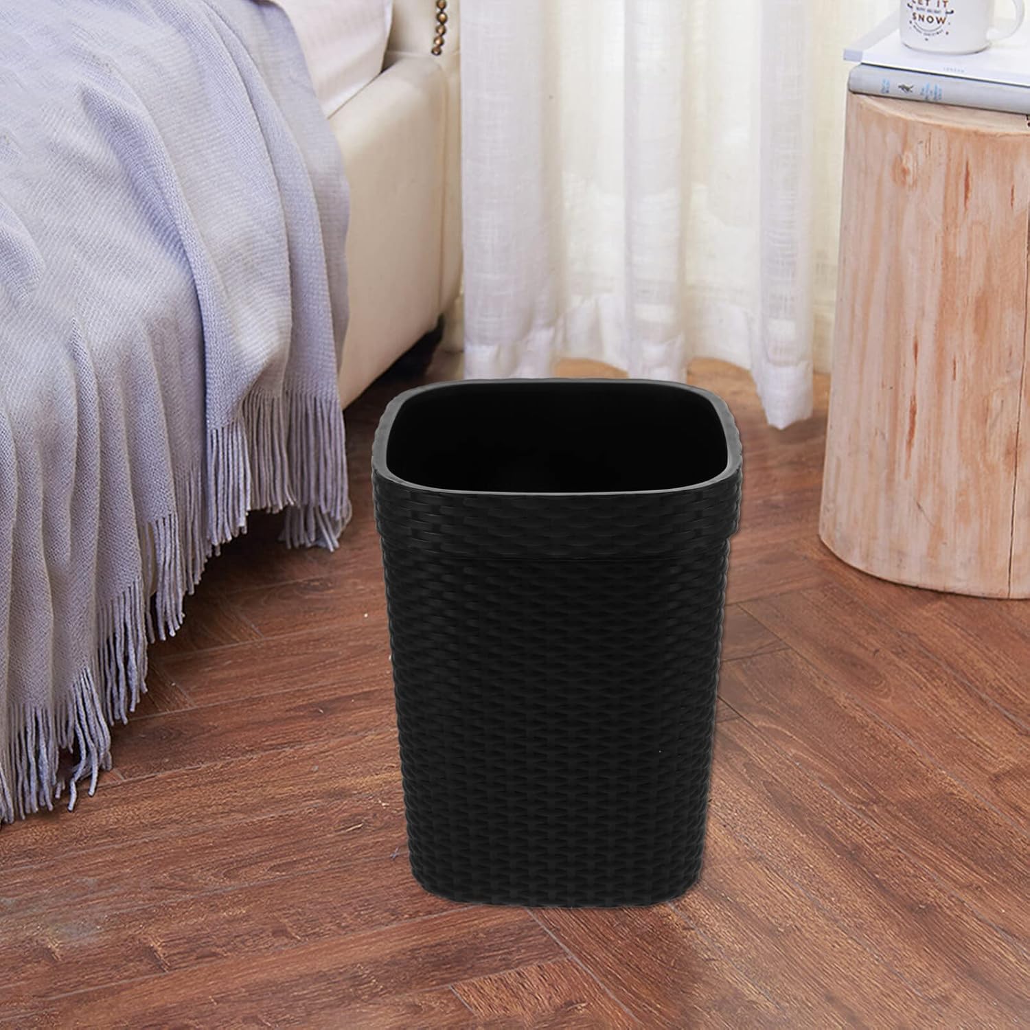Alipis Imitation Braided Trash can 11.41X9.05X8.85In Plastic Waste Basket with Non-Slip Thick Base Large Opening for Kitchen Bathroom Home Office
