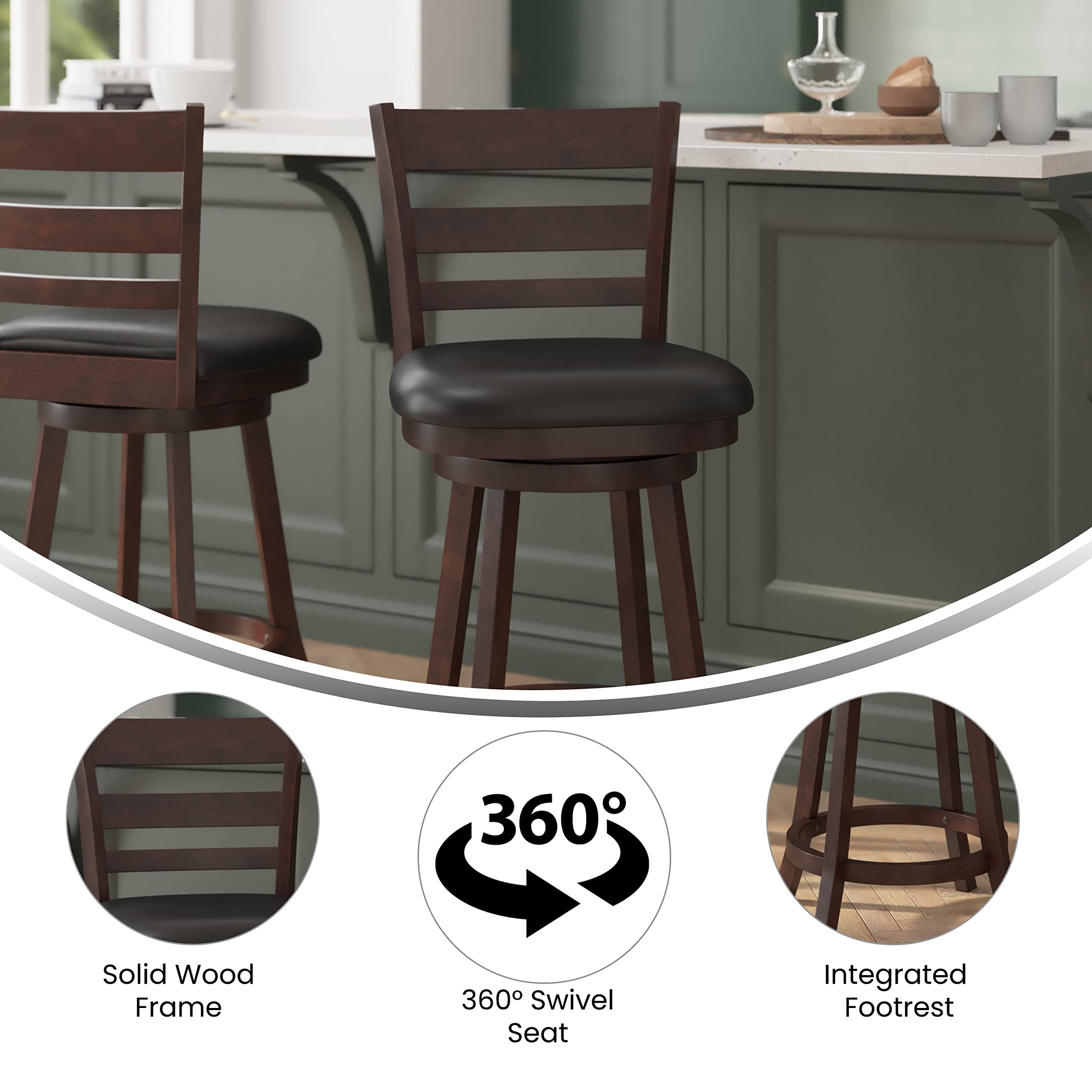 Taylor & Logan Zayne - Sgabello Da Bar Girevole In Legno Con Seduta In Ecopelle Nera E Poggiapiedi - Finitura Espresso, Dimensioni Seduta 45x40 Cm