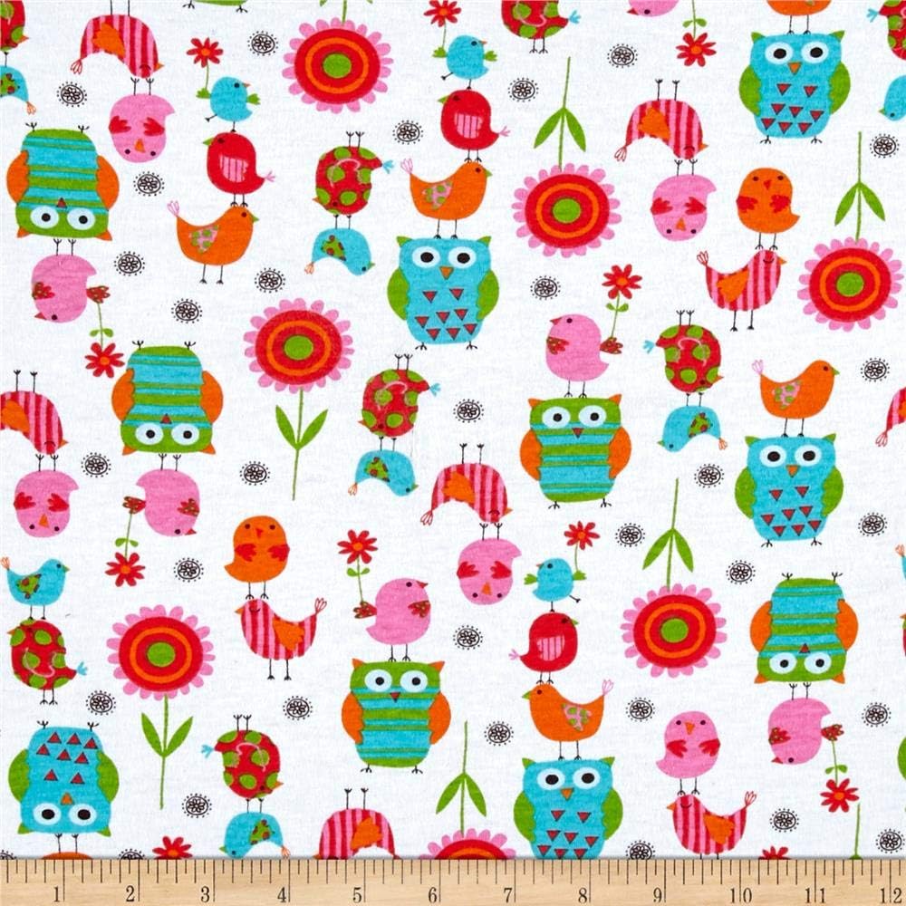 Fabric Merchants Cotton Jersey Knit Owls and Birds Fabric, Multi, Fabric by the yard