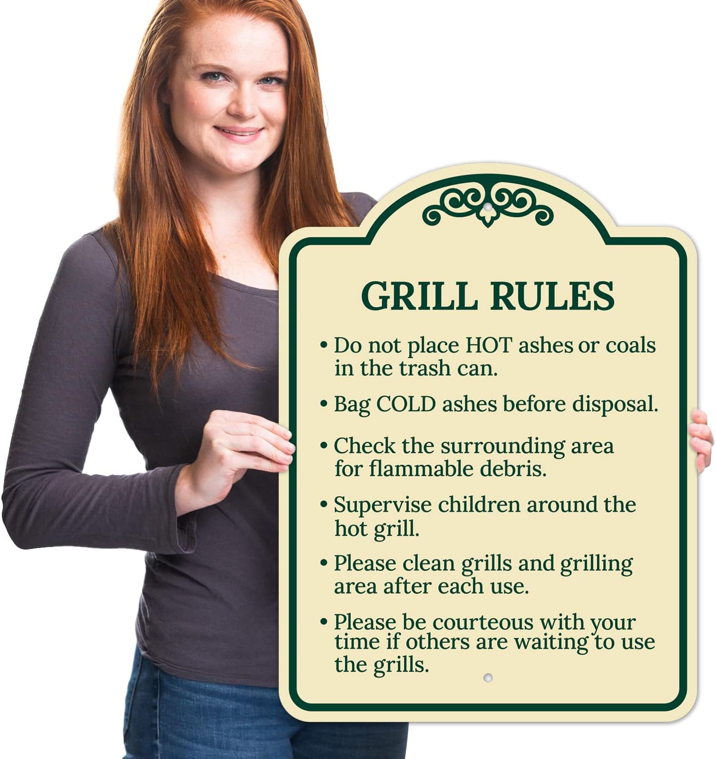 Grill Rules Please do Not Place Hot Ashes Or Coals in The Trash Can Décor Sign, Green Light, 18x24 Inches, ACM, Fade Resistant, Made in USA