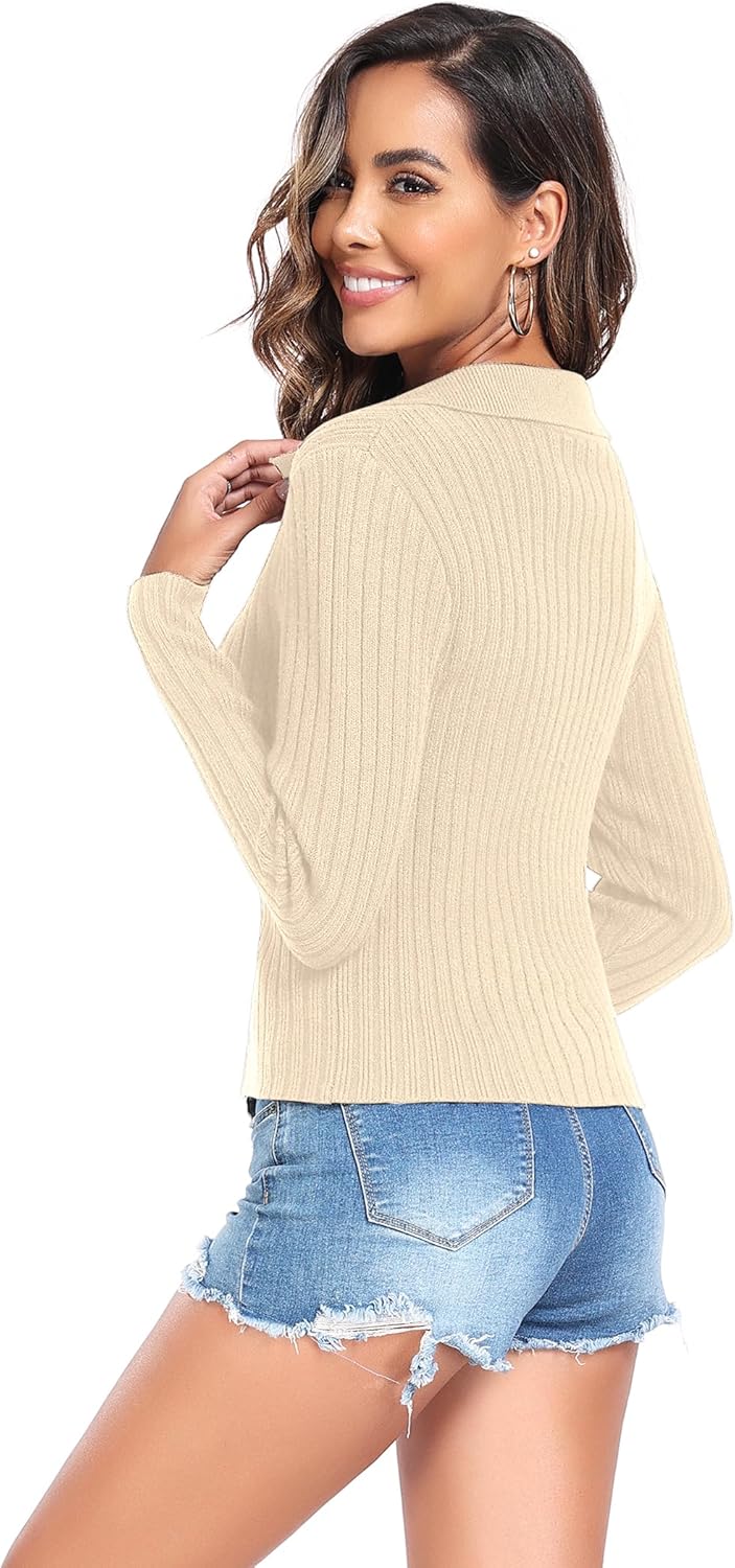 ZAFUL Women's Zip Up Sweater Long Sleeve Polo V Neck Ribbed Knit Slim Cropped Sweater Pullover Jumper Tops - Image 5