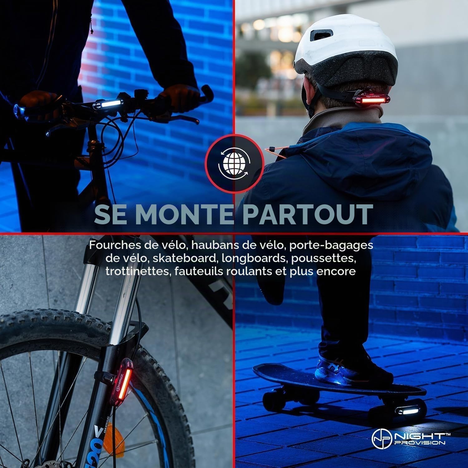 Night Provision Phare avant et arrière à LED rechargeable USB-C pour skateboard, longboards, route, montagne, BMX (feux avant et arrière)