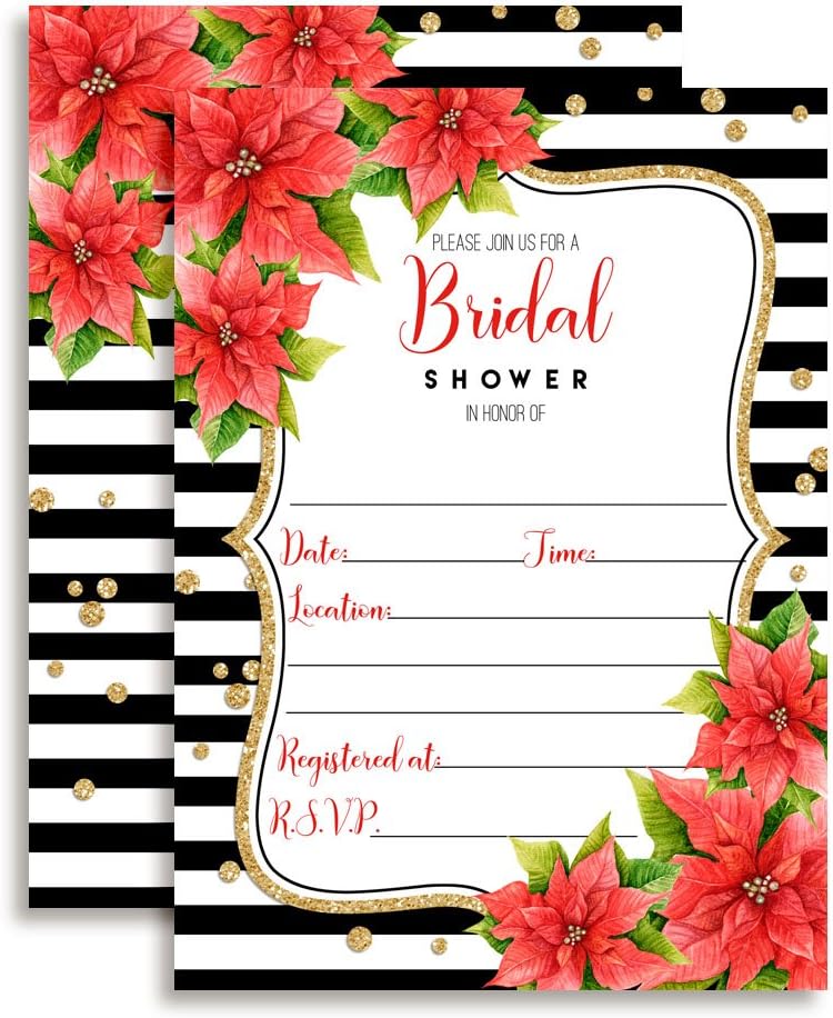 Amanda Creation Watercolor Poinsettia with Black and White Stripes & Gold Confetti Christmas Bridal Shower Invitations, 20 5x7 Fill In Cards with Twenty White Envelopes