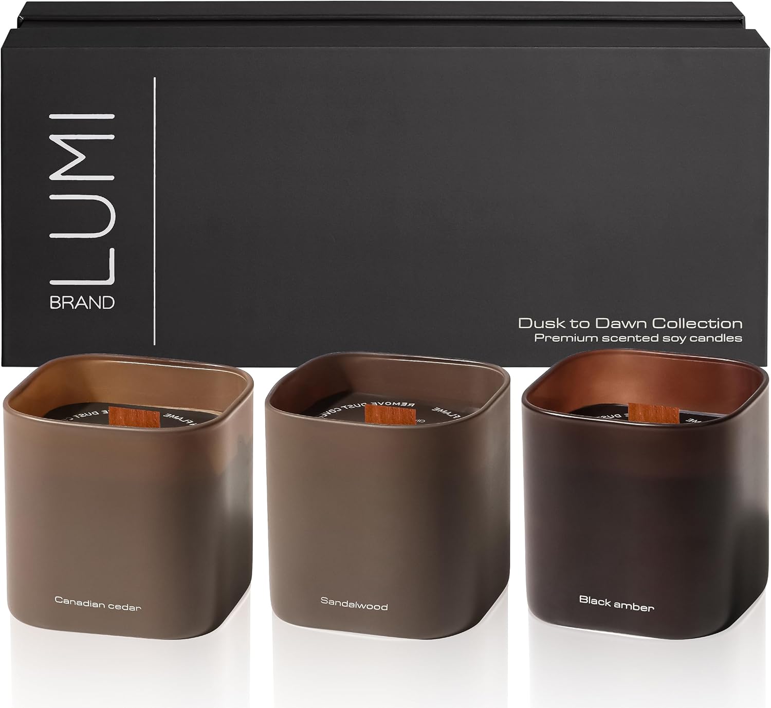 Set of 3 Premium Scented Soy Candles Gift Set | Dusk to Dawn Collection - Canadian Cedar, Black Amber & Sandalwood | Crackling Wood Wick | Luxury Candles for Relaxation, Home Décor, Gifts | 9.8oz Each