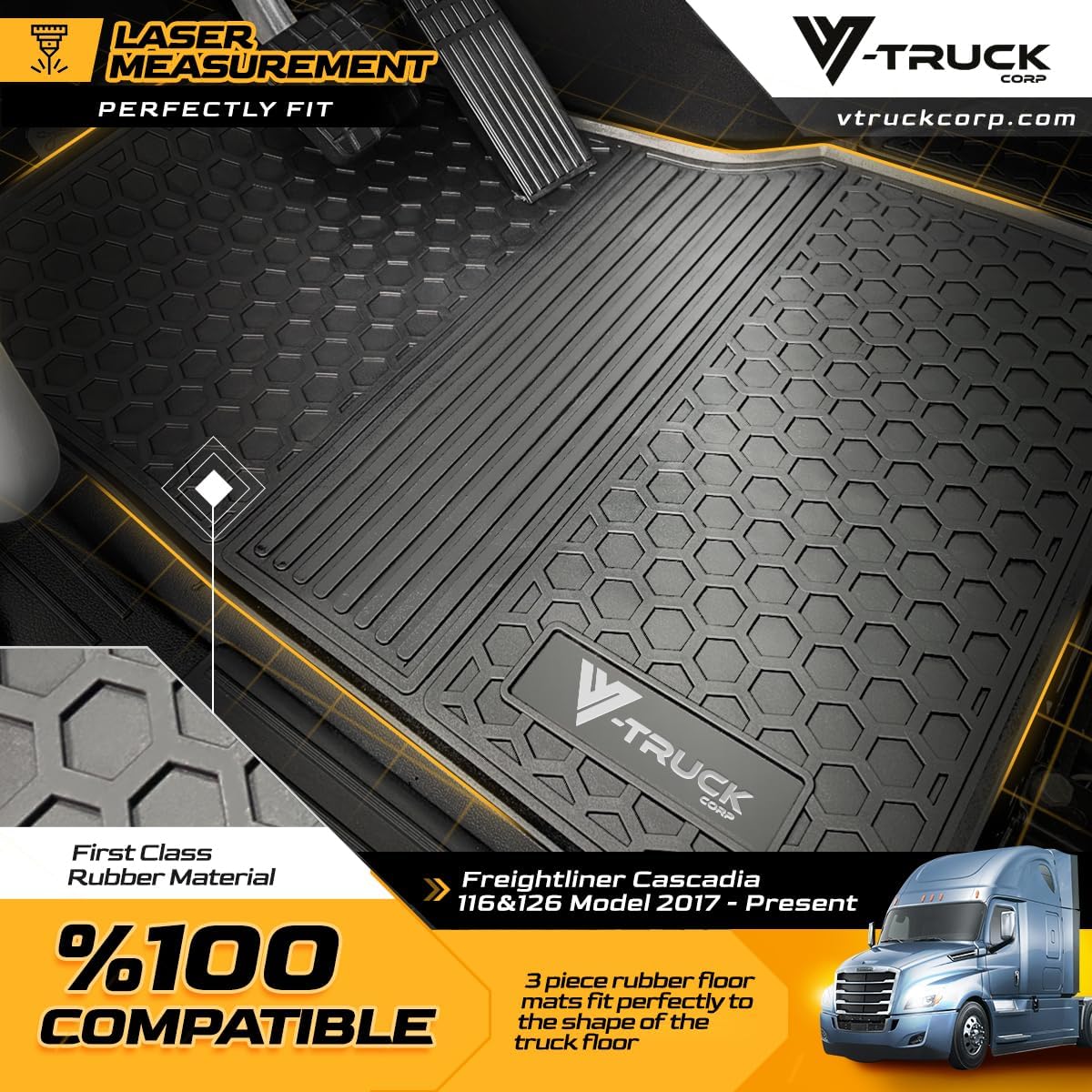 3-Piece Rubber Floor Mat Set – Compatible with Freightliner Cascadia 116 & 126 (2017–Present) – All-Weather, Durable, Non-Slip, Easy-to-Clean Protection – Custom Fit
