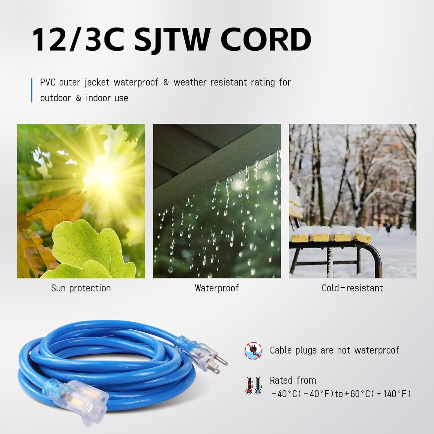 EP 15 Ft Outdoor Extension Cord, 12/3 SJTW Heavy Duty Waterproof Power Cable, 3 Prong Grounded Plug, Lighted End, for Lawn, Garden, Appliances, Blue