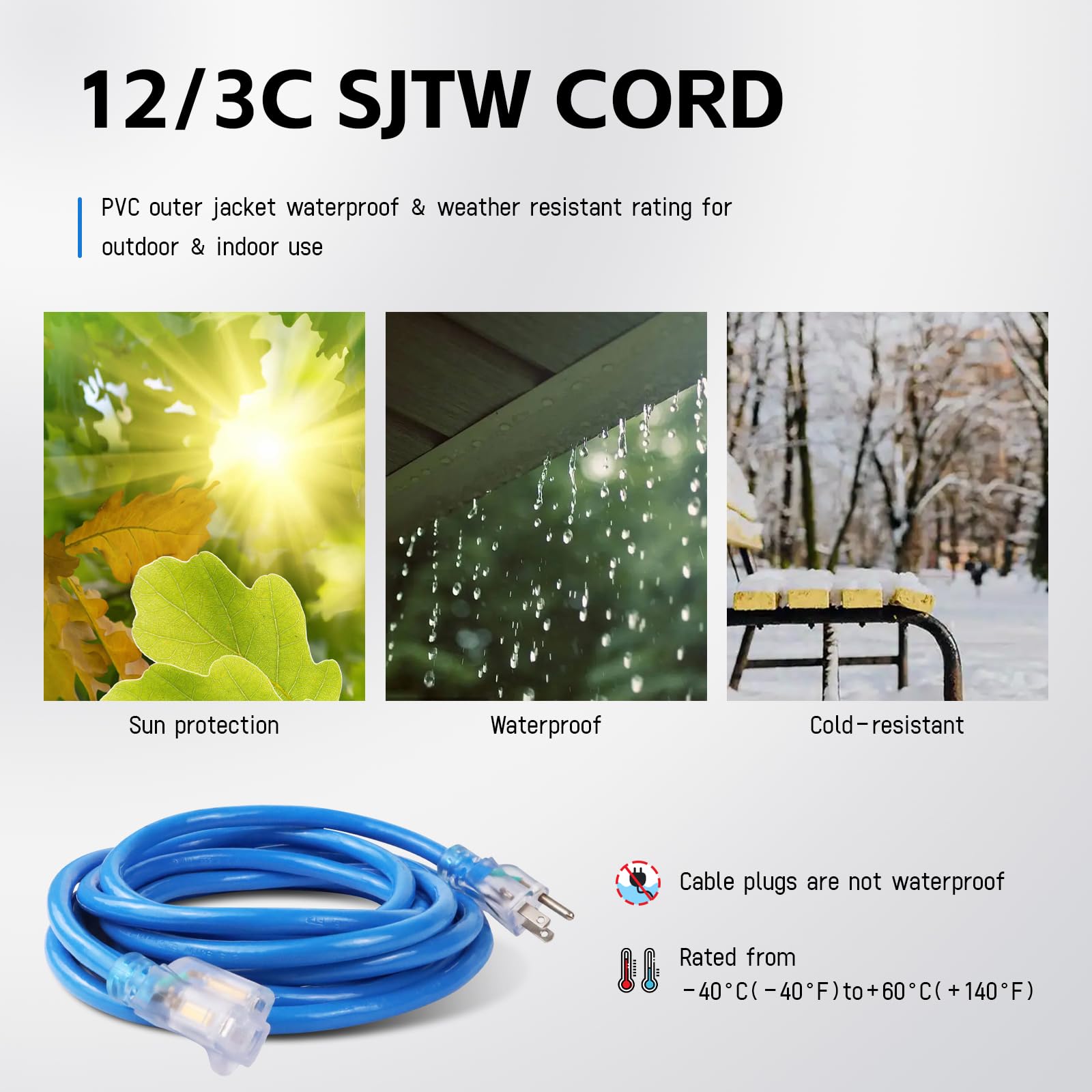 EP - Cable de extensión para exteriores de 10 pies con extremo iluminado, calibre 12/3 SJTW Cable de extensión resistente con enchufe de 3 clavijas, 15AMP 1875W 12AWG, azul, listado UL