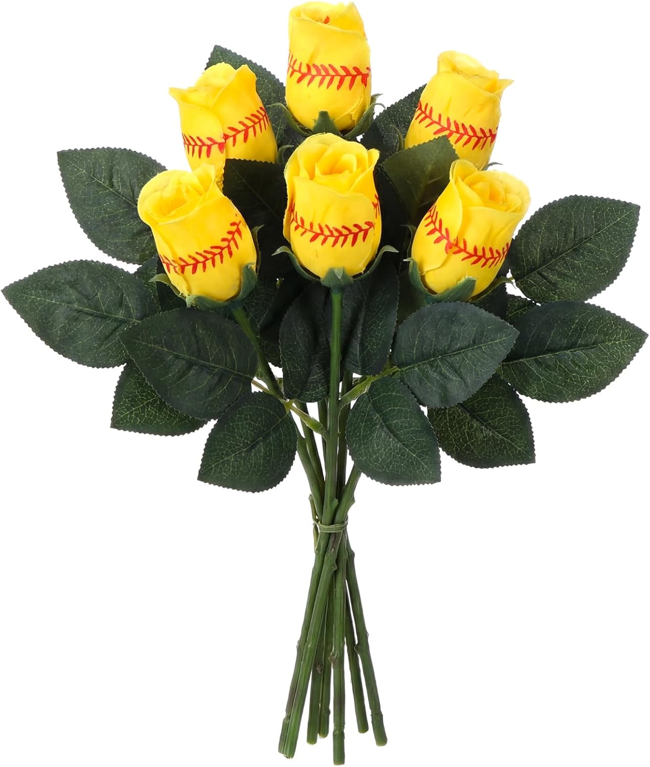 Hotop 6 Pcs Softball Roses with Leaves Artificial Yellow Rose Bouquet for Softball Team Senior Fans Coach Gift Sports Theme Graduation Wedding Party Decoration