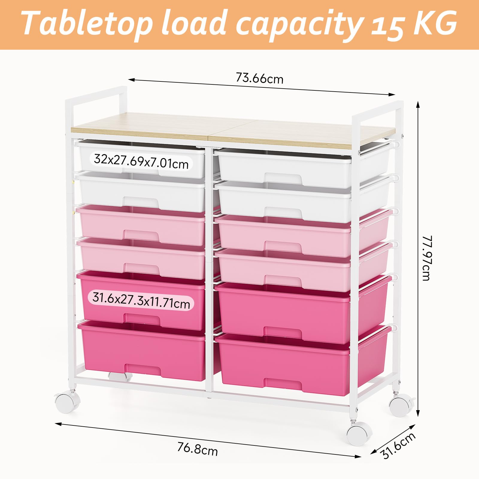 KINGRACK Rollcontainer mit 12 Schubladen und Holzarbeitsplatte, Schubladenschrank für Badezimmer, Küchen, Wohnzimmer und Büros (Rosa)