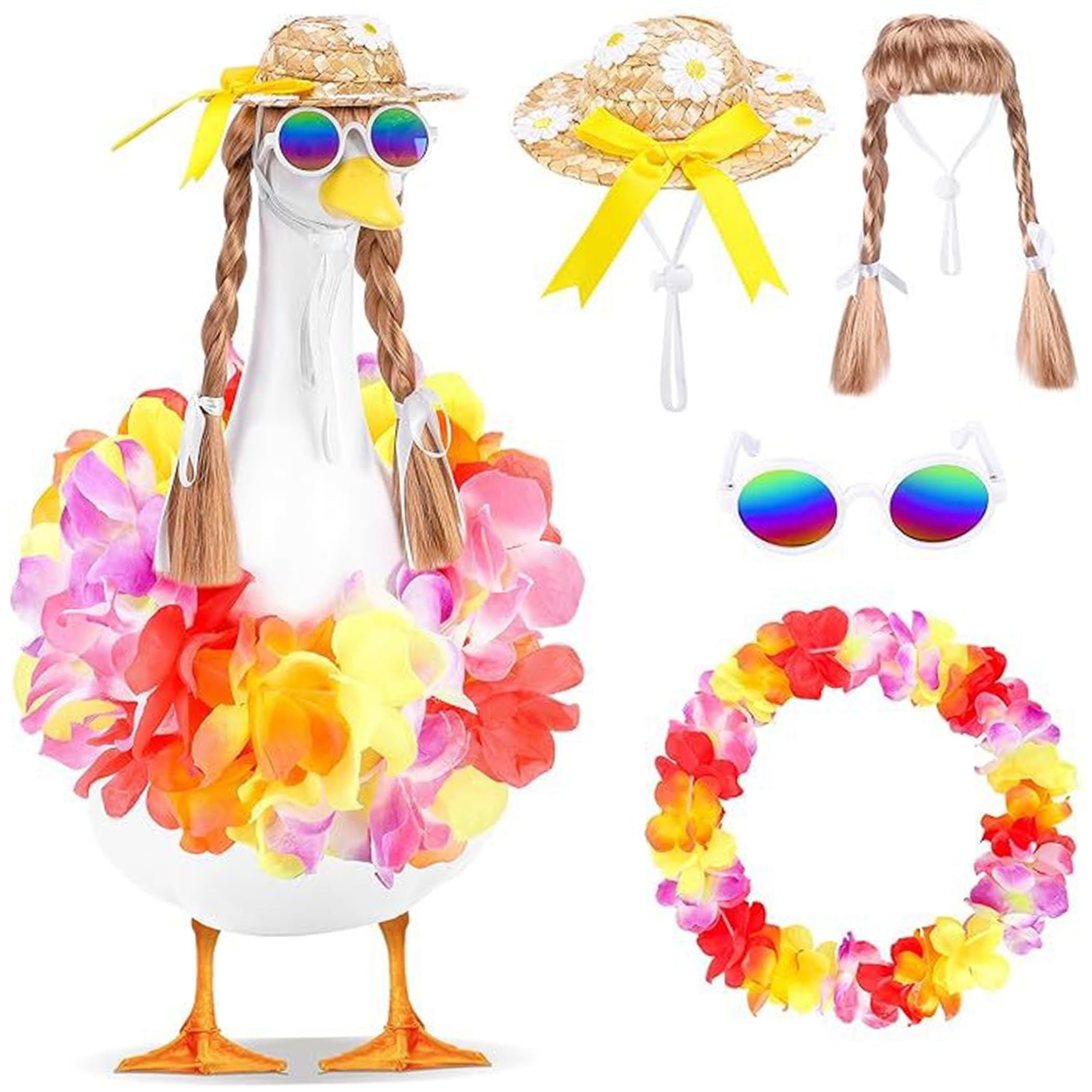 Pineeseatile 4-piece Porch Geese Summer Outfits, Porch Geese Clothes - Hawaiian Style Decor Set | Fits 17/23 Inch Lawn Gooses, Colorful, Summer Outfit