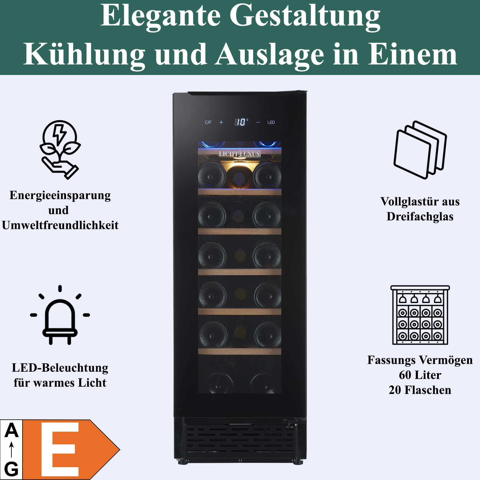 Weinkühlschrank 30cm Breit Unterbaufähig 20 Flaschen 1 Zone UV-Glastür Holzablagen Leise 37 dB