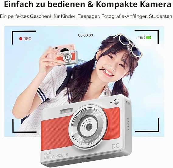 Digital Camera 1080P FHD Compact Camera 56MP Camera Simple Vlogging Camera with 32 G TF Card 2 Batteries Portable Digital Camera for Children Teenagers Students Seniors Beginners (White)