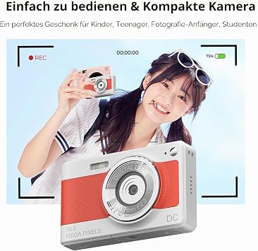 Digital Camera 1080P FHD Compact Camera 56MP Camera Simple Vlogging Camera with 32 G TF Card 2 Batteries Portable Digital Camera for Children Teenagers Students Seniors Beginners (White)