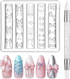 3D Bow Nail Mold Silicone Bowknot Nail Molds Ribbon Bows Silicone Transparent Mould With Pen DIY Bow Charms Reusable Carving Templates for Women Girls Fingertip Art Craft Project