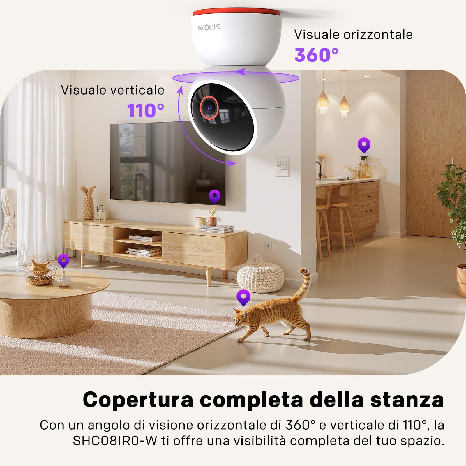 Strong Telecamera Interna 4K 8MP, Baby Cam 360° Pan/Tilt, Telecamera Cani Rilevamento Movimento, Auto Tracking, Visione Notturna, Audio Bidirezionale, Cloud & SD 512GB, WiFi 2.4G/5G, Controllo APP
