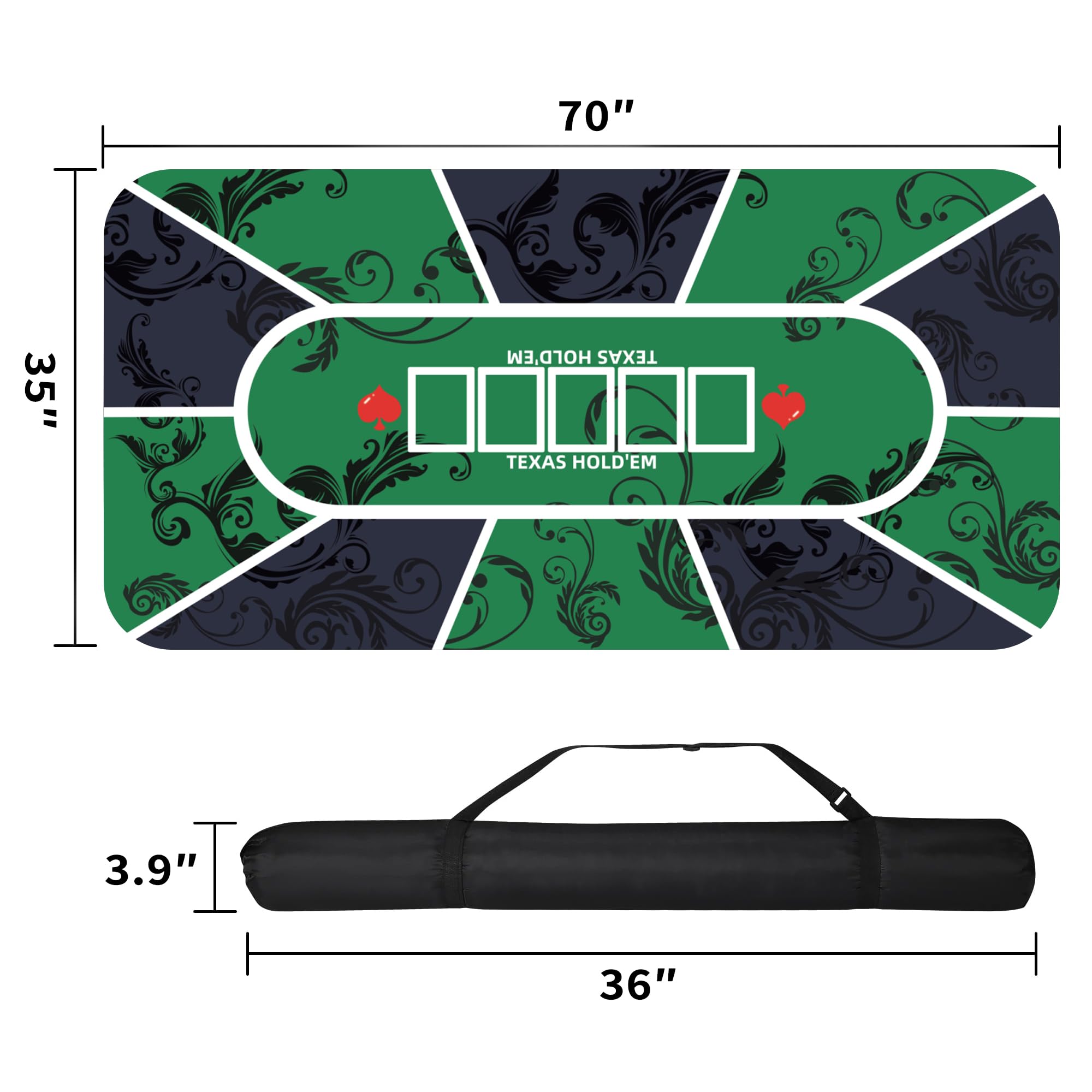 Tapete de póquer Texas Hold'em de 70 x 35 pulgadas para 6 a 8 jugadores, diseño de póquer de goma antideslizante con bolsa de transporte para juegos de casino y blackjack de noche de