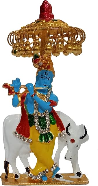 Purpledip Metal Idol Chhatra Krishna: Collectible Statue Of Divine Kamdhenu With Gopala Under Canopy (12453)