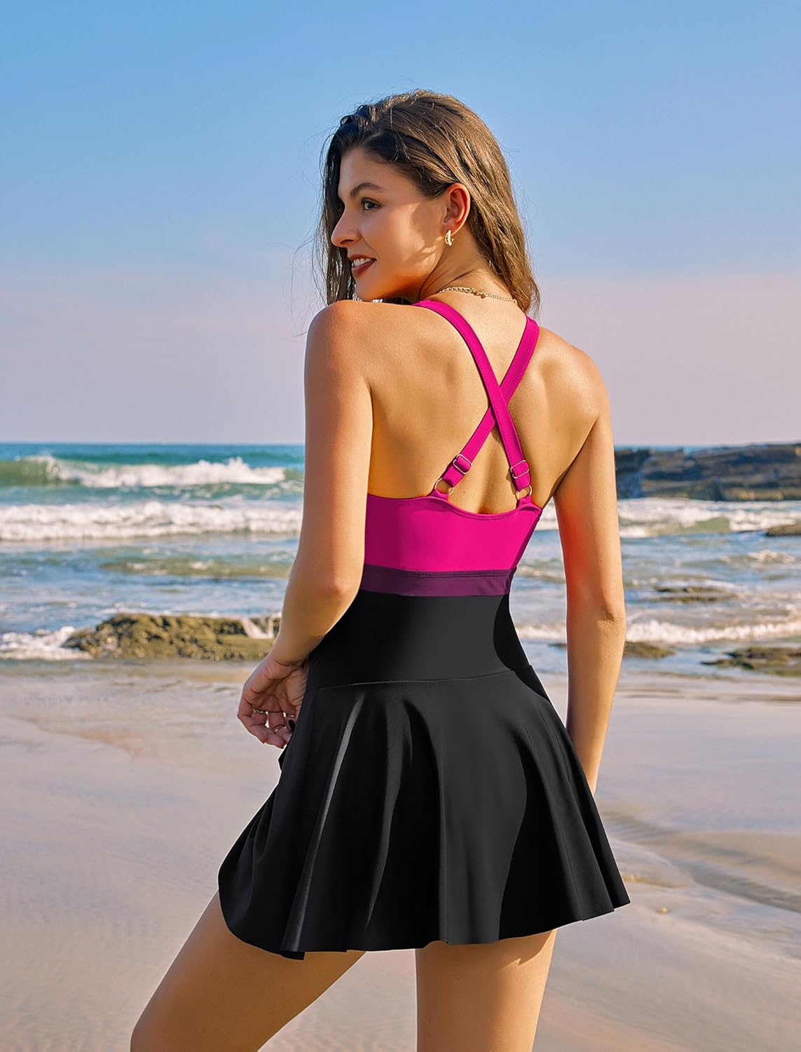 ZAFUL One Piece Swimdress Swimsuits for Women Tummy Control Adjuastable Back Starps Color Block Bathing Suit Swimwear - Image 3