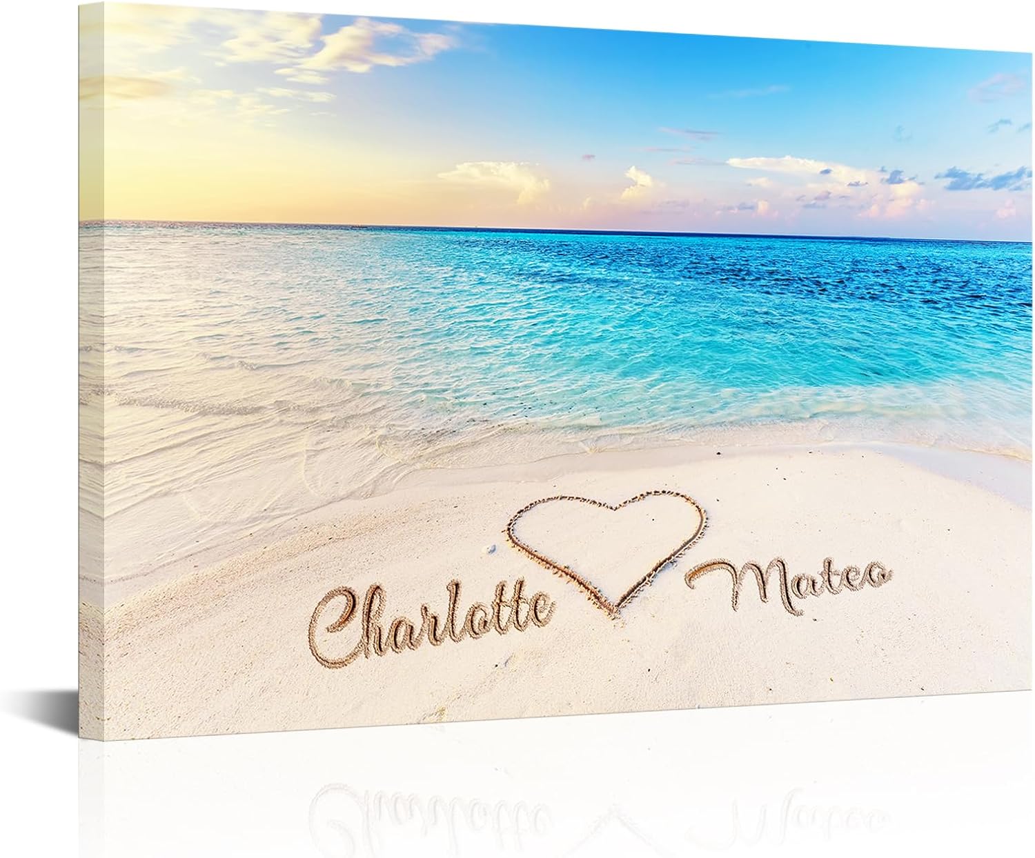 iLOOKLiKE Personalized Couple's Names on Heart Shaped Coastal Beach Wall art Decor Custom Blue Sky and Sea Landscape Canvas Poster Prints Framed Love Gifts for Him Her Anniversary Wedding