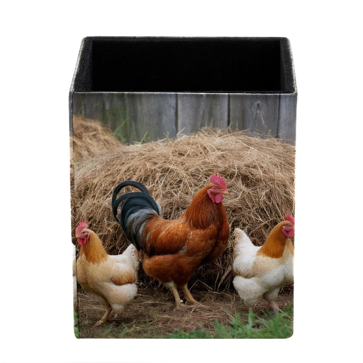 Farmhouse Rooster Chicken Pen Holder Pen Pot, Square Pencil Cup for Desk