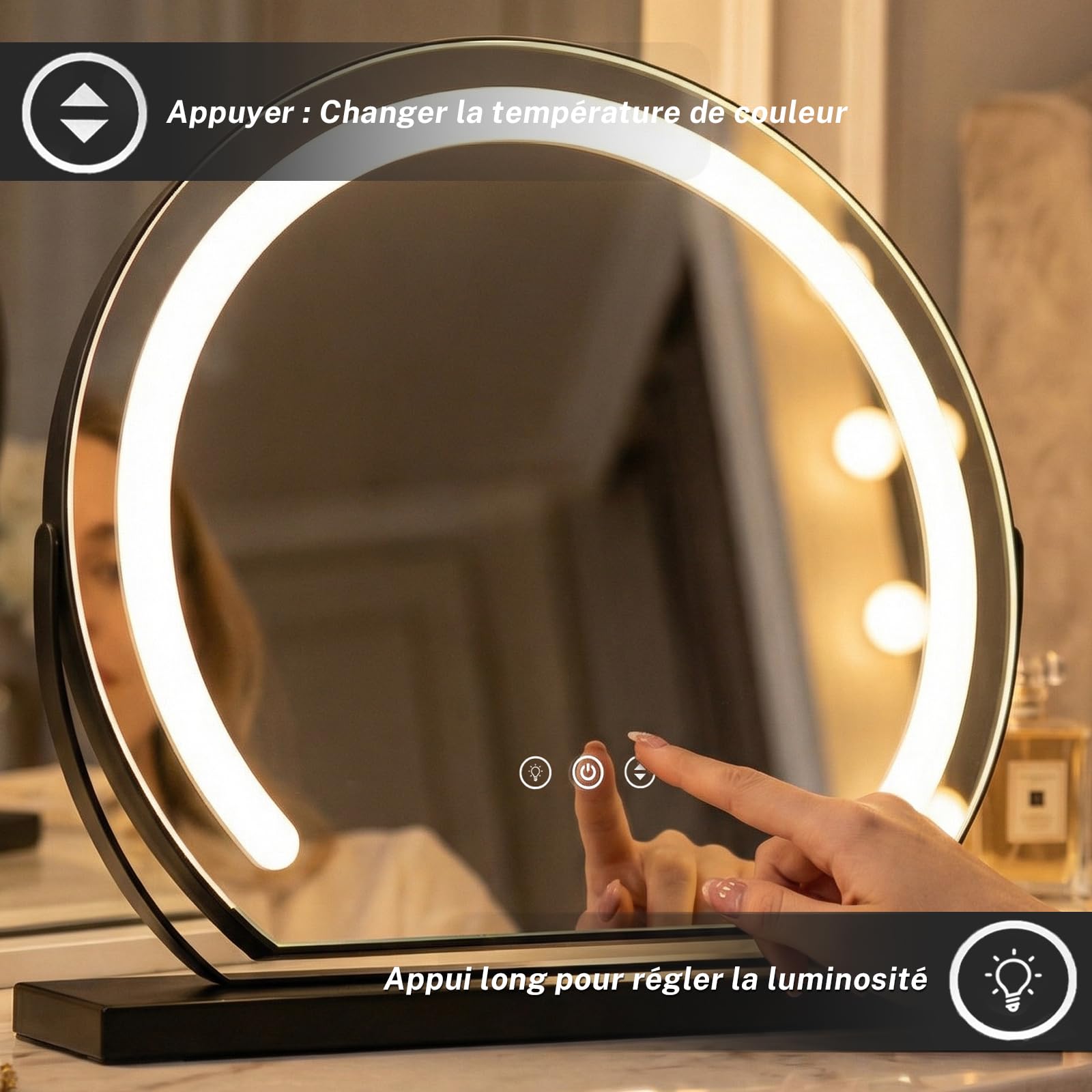 Miroir Maquillage Lumineux Rond 40cm, LED Miroir Coiffeuse cosmétique éclairé Coiffeuse, 3 températures de Couleur Touche Contrôle Tactile Luminosité Réglable Angle réglable, Plug & Play
