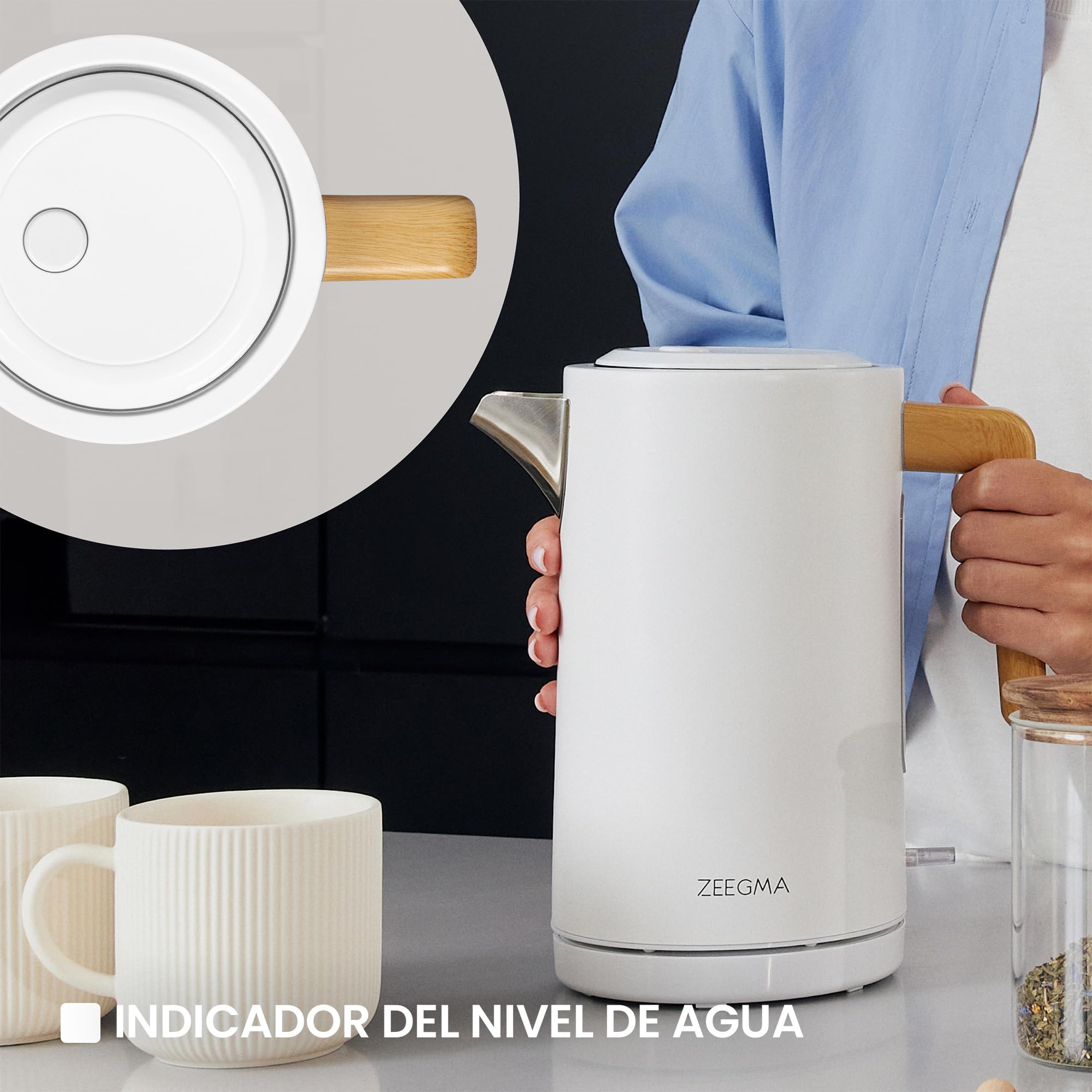 ZEEGMA KETLEE Hervidor de Agua Eléctrico Inalámbrico de 1,7 l para Té Café, Potencia de 2200 W, Indicador de Nivel de Agua, Apagado Automático, Acero Inoxidable Diseño Elegante Moderno