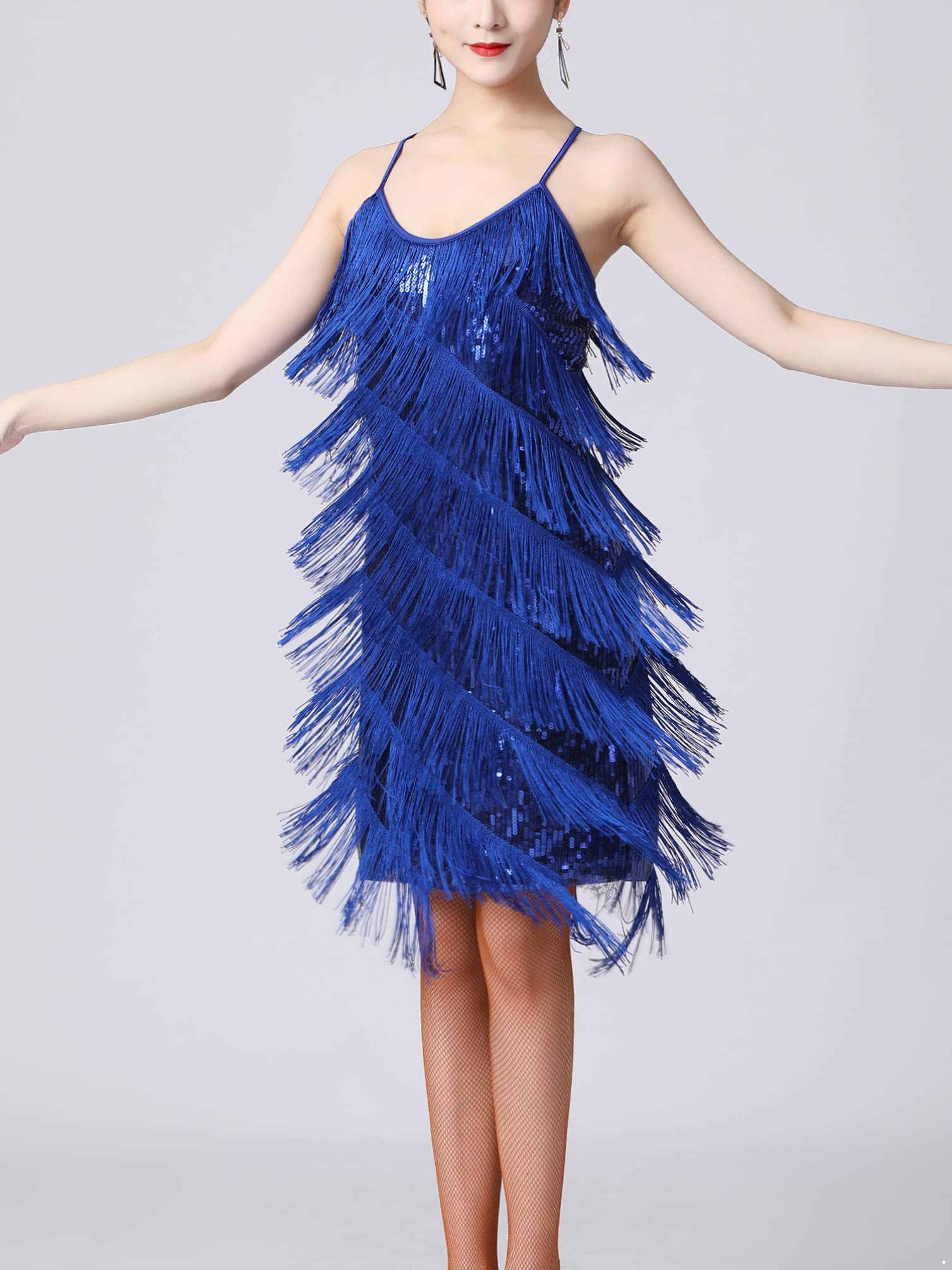 inhzoy Abito da Ballo Donna Vestito Brillante Elegante con Nappa Frange Paillettes Lucido Senza Maniche Scollo a V Costume da Latino Salsa Tango Cha Rumba Ballo Moderna
