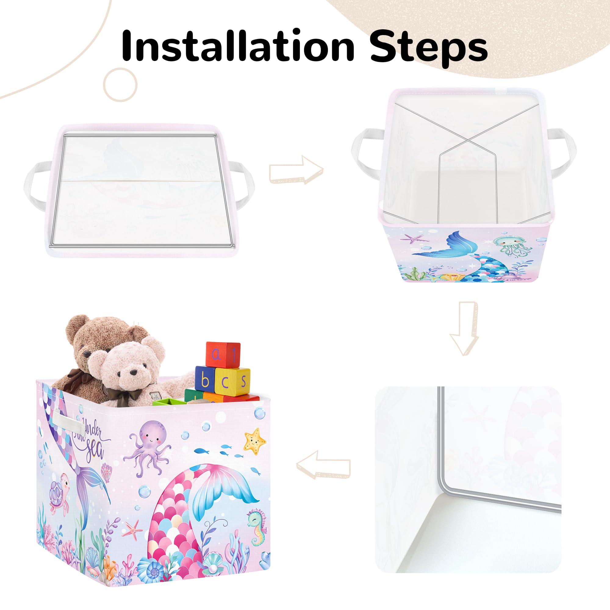 Clastyle Lot de 3 Boite Rangement Tissu Enfant Queue Sirène Cube de Rangement Pliable Filles Panier Kallax pour Salle de Bain,Algue Colorée,30x30x30 cm