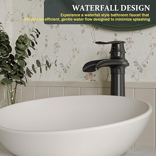 Miniatura 7 de Grifo de lavabo de recipiente negro mate, grifos de baño de una sola manija, un agujero, cascada, grifo de fregadero de baño, montaje en cubierta