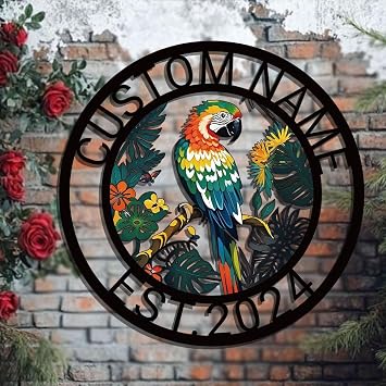 Riaeelvs Custom Colored Parrot Flowers Garden Sign Metal,Personalized Name Tropical Bird Decor Flower Metal Wall Sign,Customized Garden Wall Art Wall Hanging Sign,Housewarming Gifts,Christmas Decor