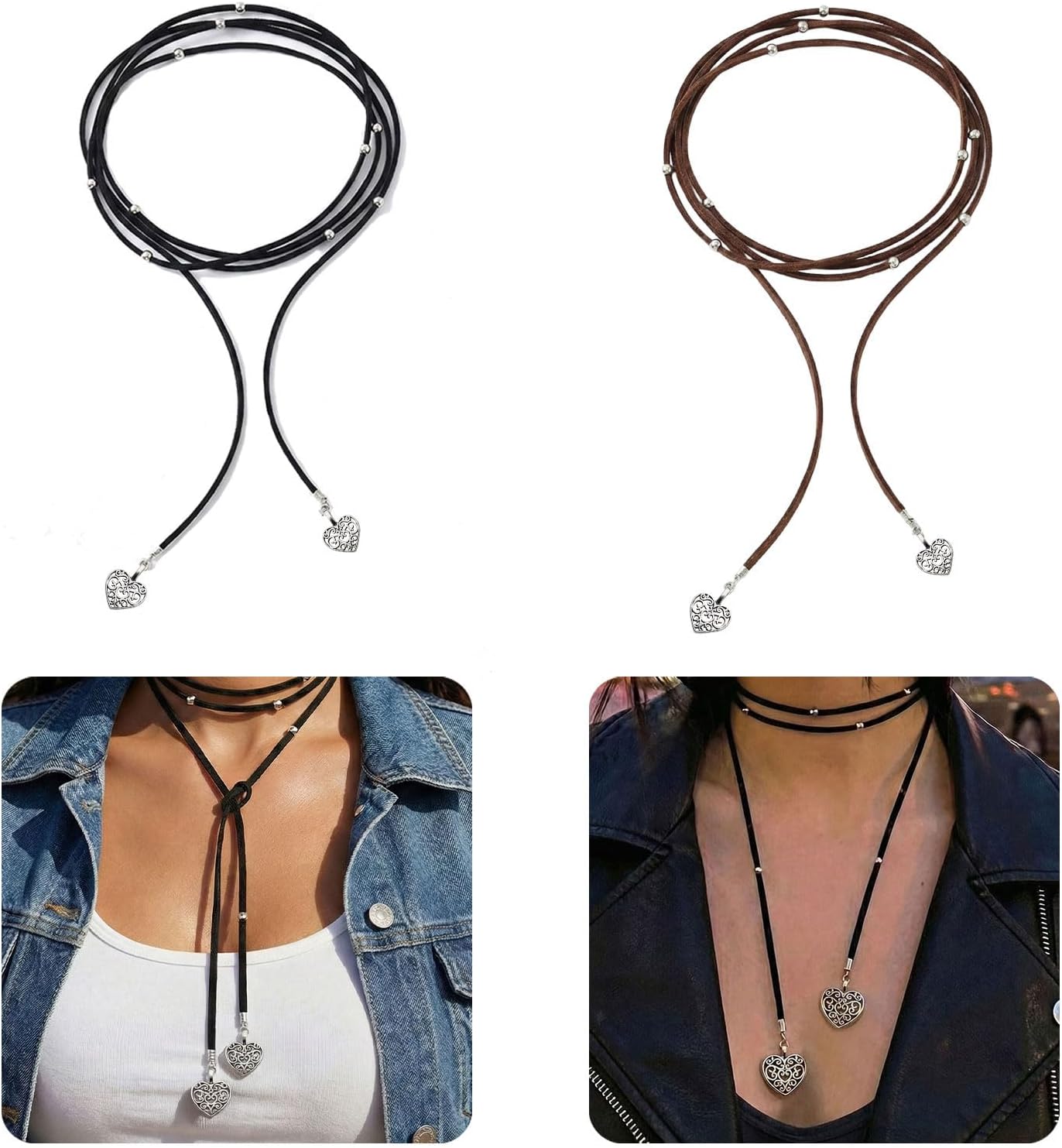 Fizzlup 2pc Tie Necklace, Gothic Bow Choker Necklace for Women, Wrap Necklace Velvet String Long Rope Collar Neck Chain With Gold Tube Neck-Accessories Party Prom Black and Red