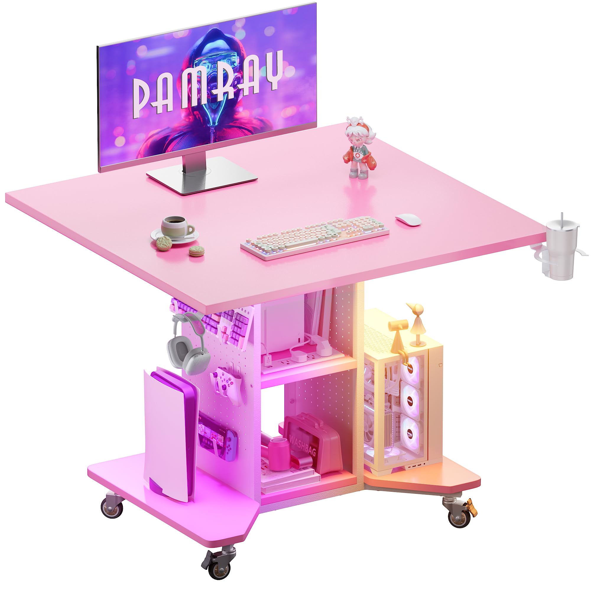 Pamray Piccola scrivania da gioco con luci a LED, prese di corrente e pannello forato per riporre oggetti, piccoli spazi, tavolo compatto per computer PC, rosa