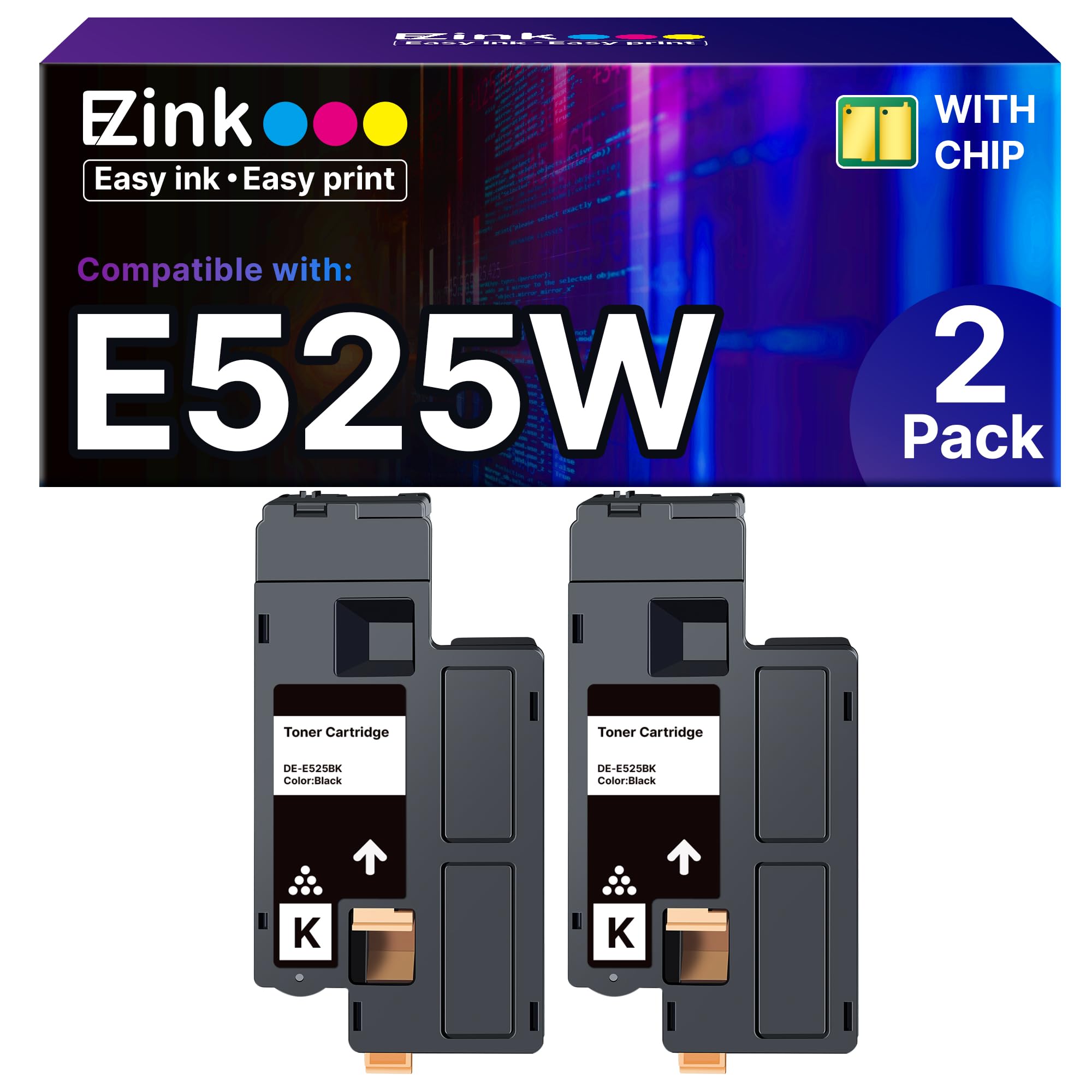 E-Z Ink Cartucho de tóner compatible de repuesto para Dell E525W E525 525w para usar con impresora inalámbrica a color E525w para 593-BBJX (negro, 2 unidades)