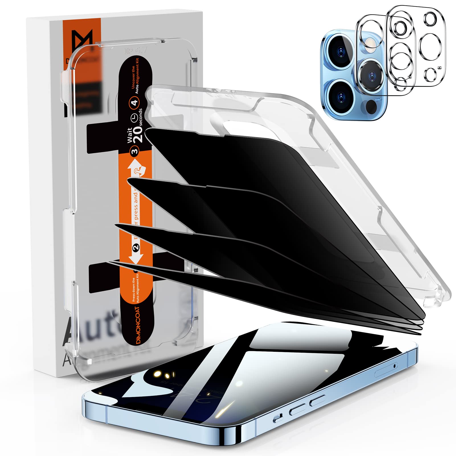 DIMONCOAT 4-PACK Privacy Screen Protector Compatible with iPhone 13 Pro Max/14 Plus [Auto Alignment Kit] [10X Military Protection] 13 Pro Max/14 Plus 6.7 inch Tempered Glass Film [Case Friendly]