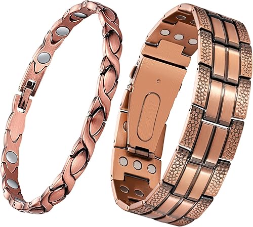 Feraco Pulsera de cobre para hombres y mujeres, 3 veces más fuerza, 2 pulseras de terapia magnética de cobre con potentes imanes de 3800 Gauss,