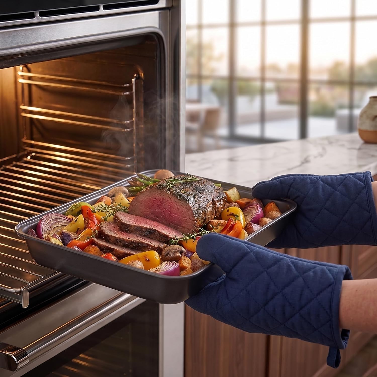 JPF - Set di 2 Teglie da Forno con Rivestimento Antiaderente - Lasagnera - Rostiera Rettangolare in Acciaio