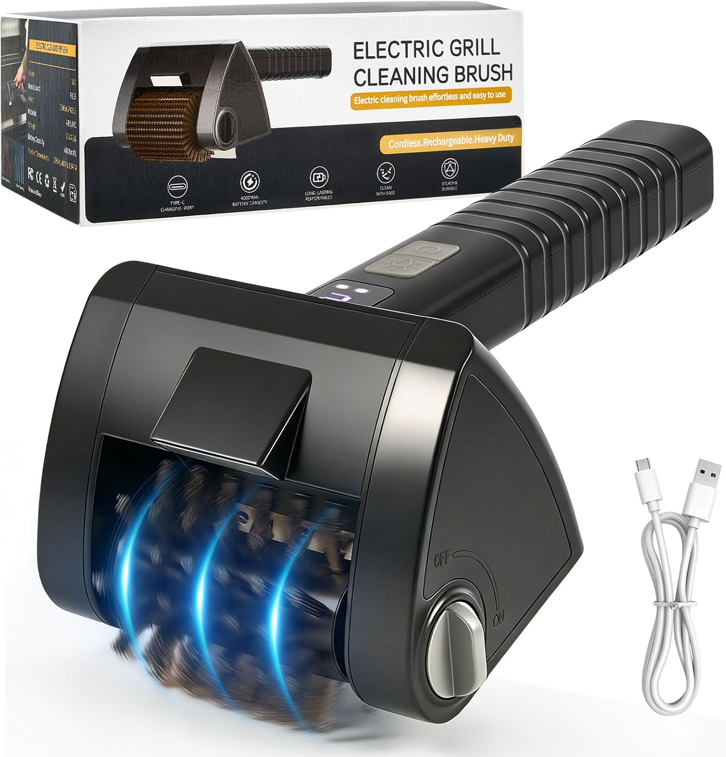 Electric Rotary Grill Cleaning Brush - 2-Speed Automatic Grill Cleaner with 304 Removable Stainless Steel Head, BBQ Grate & Outdoor Cordless Rechargeable Grill Cleaning Tool