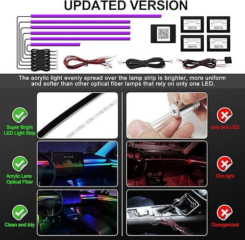 Miniatura 5 de Tira de luz LED acrílica para interior de automóvil con aplicación inalámbrica, RGB 6 en 1 con 175 pulgadas, 593 LED, kits de iluminación ambiental