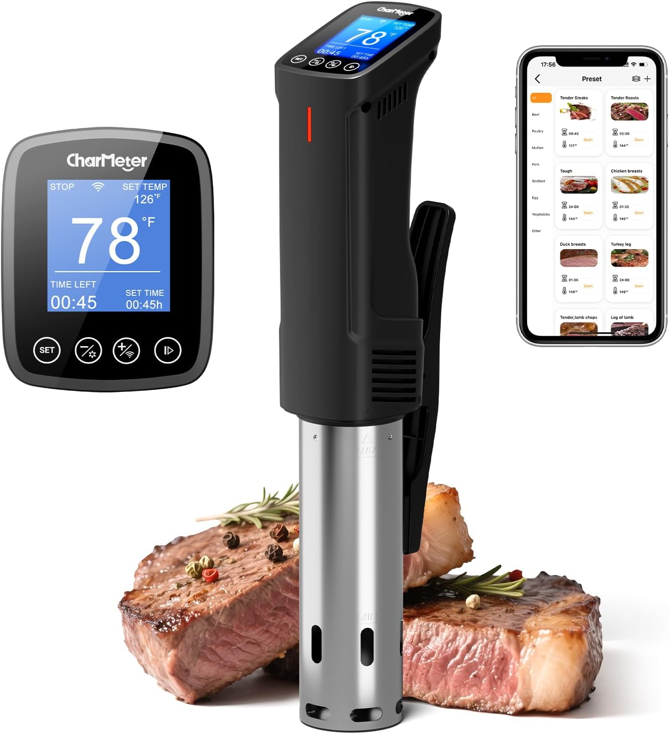 2.4g Wifi Sous Vide Cooker CharMeter Sous Vide Machine CSV-100-W, 1000 Wattts Sous-Vide Cooker Immersion Circulator App Control with 14 Preset Recipes, Calibration Function,Fast-Heating with Timer