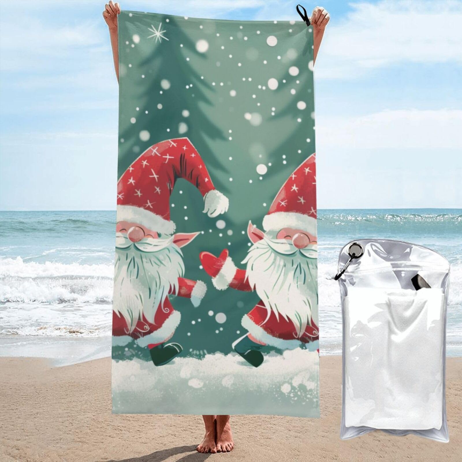 kkvhhyuo Microfiber Beach Towel, Xmas Funny Gnome Printed Lightweight Quick Dry Travel Bath Sheet with Compact Carry Bag for Swimming Yoga Camping Gym,27.5"x55"