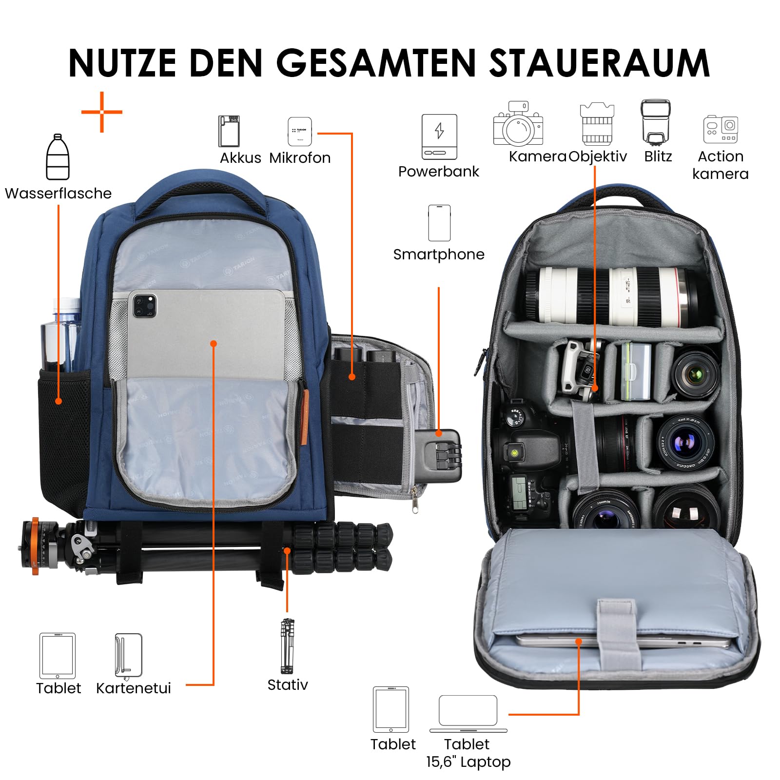 TARION Kamerarucksack Leicht Kamera Rucksack mit 15 Zoll Laptopfach Blau | Kompakt DSLR Rucksack Wasserdicht Fotorucksack Klein mit Regenschutzhülle Regenhaube für Outdoor Reisen TB-04