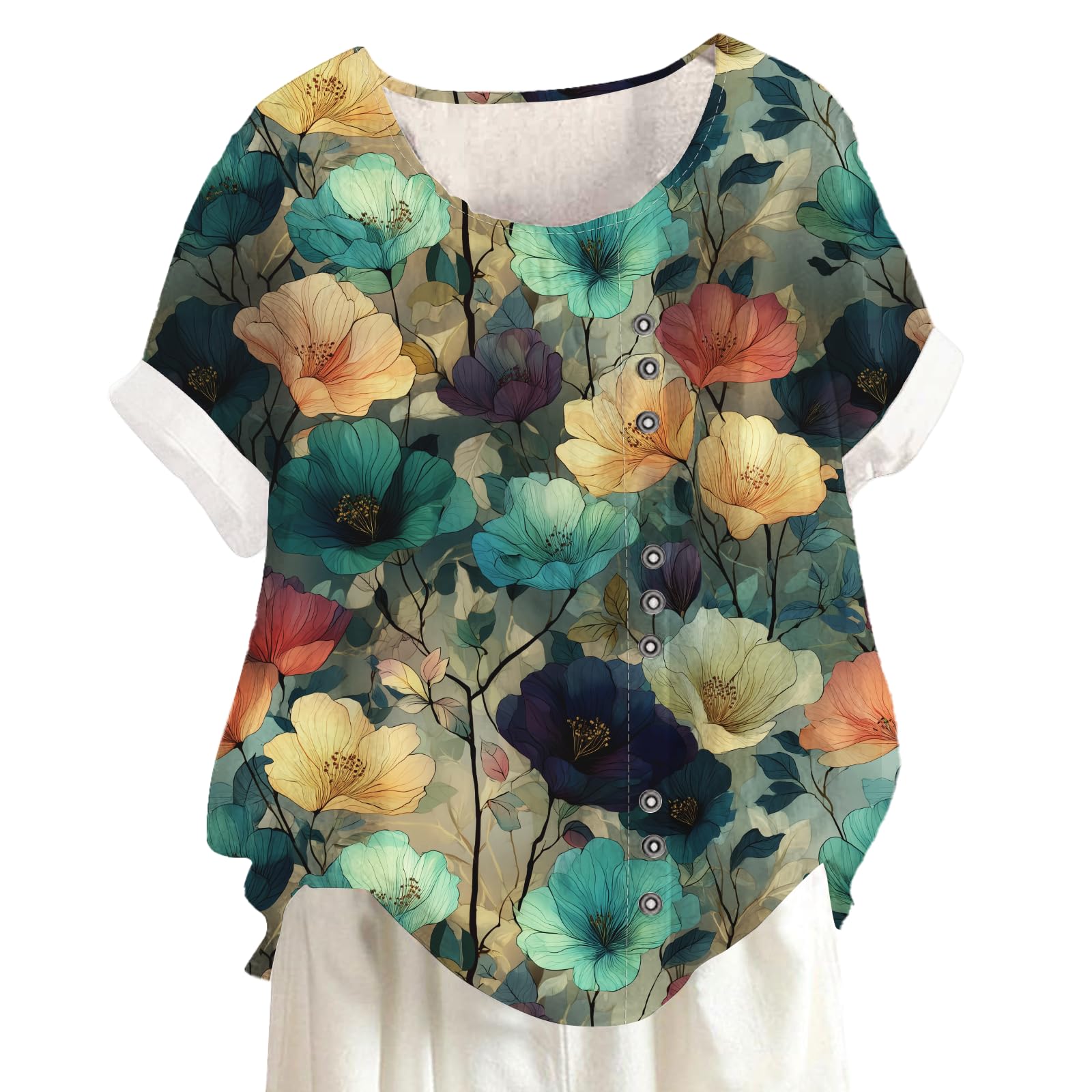Floral Graphic Tees for Womens Trendy Casual Short Sleeve Crewneck Blouse Comfy Loose Lightweight Pullover Tops