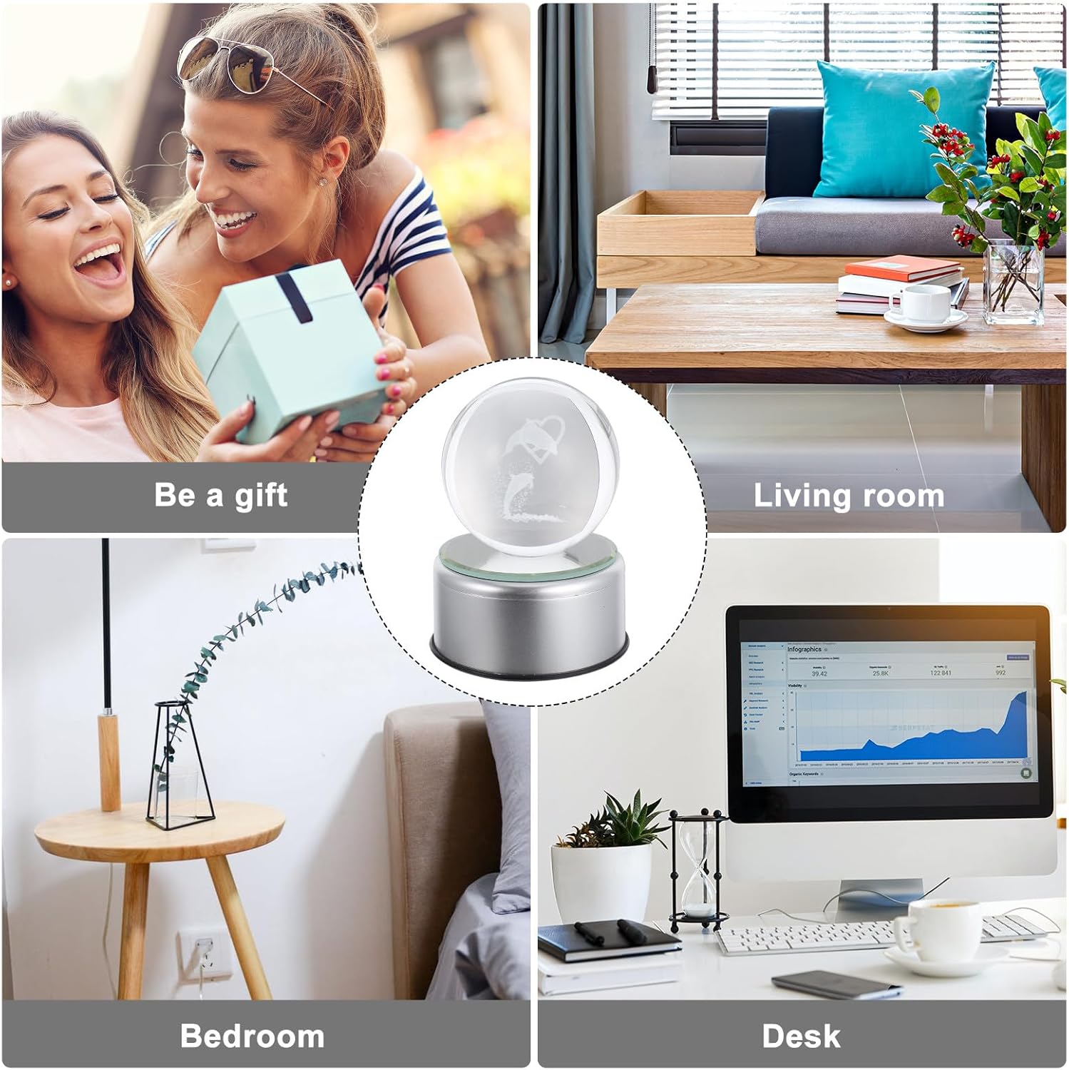 Luxshiny 3D Luminous Dolphin Crystal Ball 80mm with 9cm USB LED Color-Changing Rotating Base Decorative Ocean Animal Sphere for Tabletop Home Décor