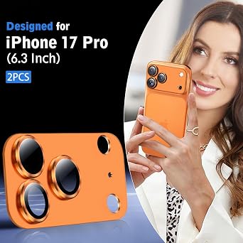 SiHPuoy カメラレンズプロテクター iPhone 17 Proアクセサリー用 2枚パック 金属アルミニウム合金強化ガラスカメラプロテクター ミリタリーグレードの飛散防止 ケースフレンドリー - オレンジ