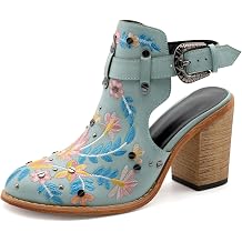 Womens Floral Embroidery Ankle Boots Buckled Backless Western Vintage Wooden Chunky Heeled Booties