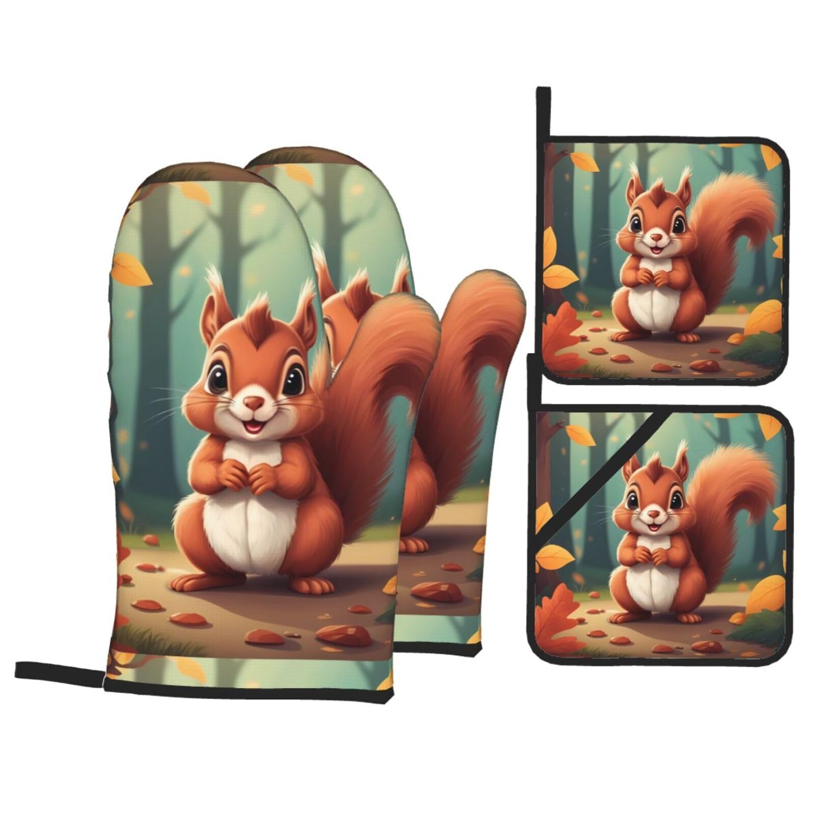 HJFCZH Cute Squirrel Picture Kitchen Baking Set of 4 Thick Insulated Oven Mitt & Pot Holders, Anti-Scalding for Microwave, Oven, Outdoor BBQ