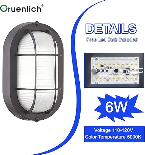 Miniatura 7 de GRUENLICH Luz LED de mamparo funciona como farol de pared o lámpara de techo empotrada, 6 W reemplazar 60 W, 520 lúmenes, regulable 5000 K luz