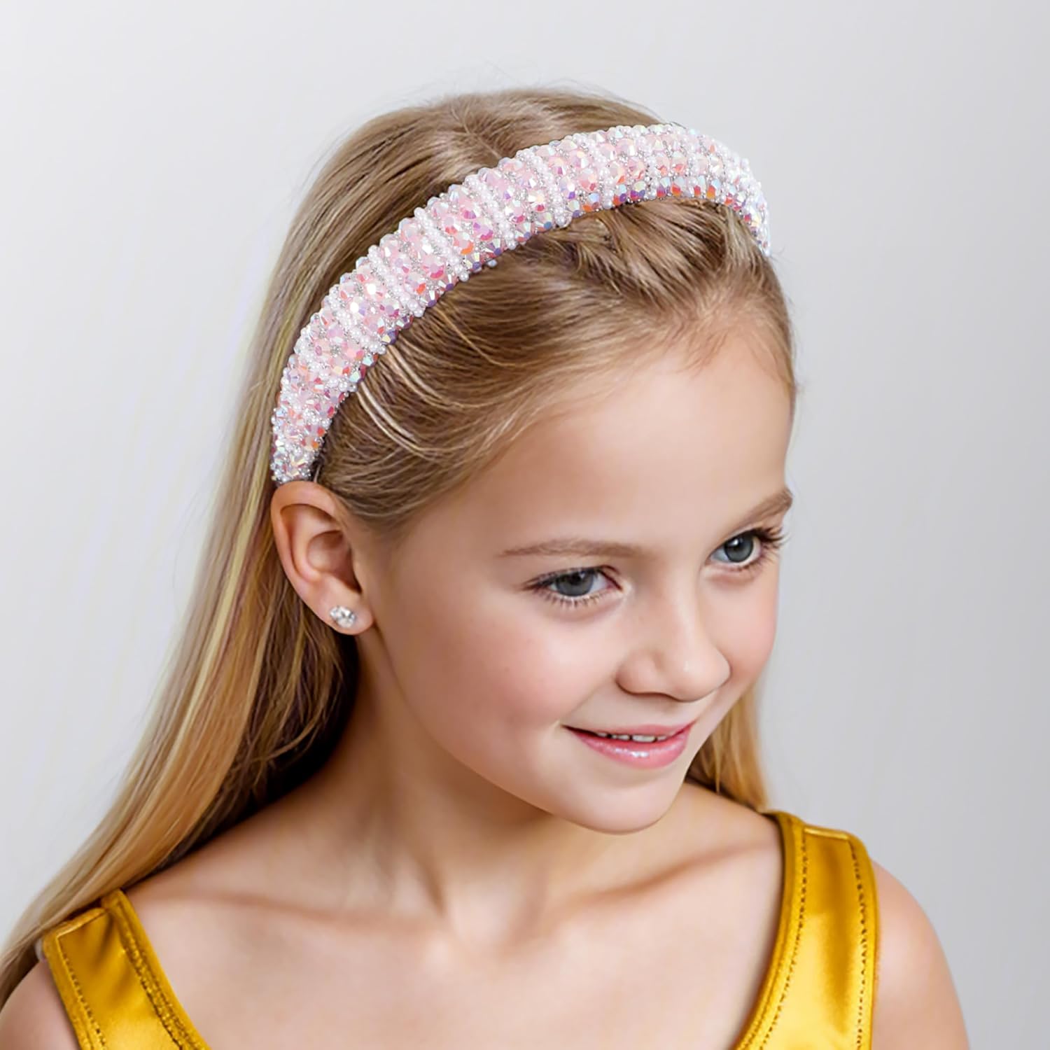Silver Diamond Rhinestone Headbands for Women Girls Bling Sparkle Beaded Crystal Headband Jeweled Thick Padded Hairband Non Slip Glitter Hair Hoop Accessories A-Light Pink - Image 2